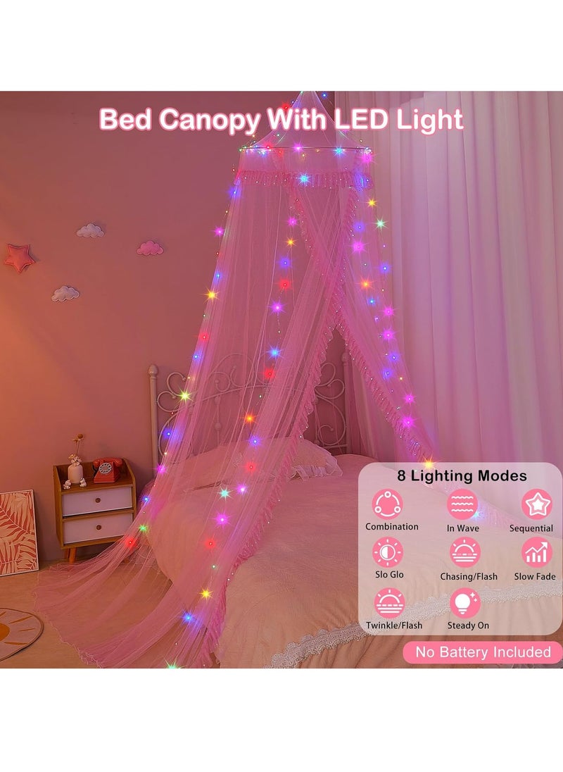 Unicorn Castle Bed Canopy for Girls with Remote Timer Breathable Canopy Bed Curtains with 8 Modes LED Lights Net Canopy for Bed for Girls Room Decor,Pink