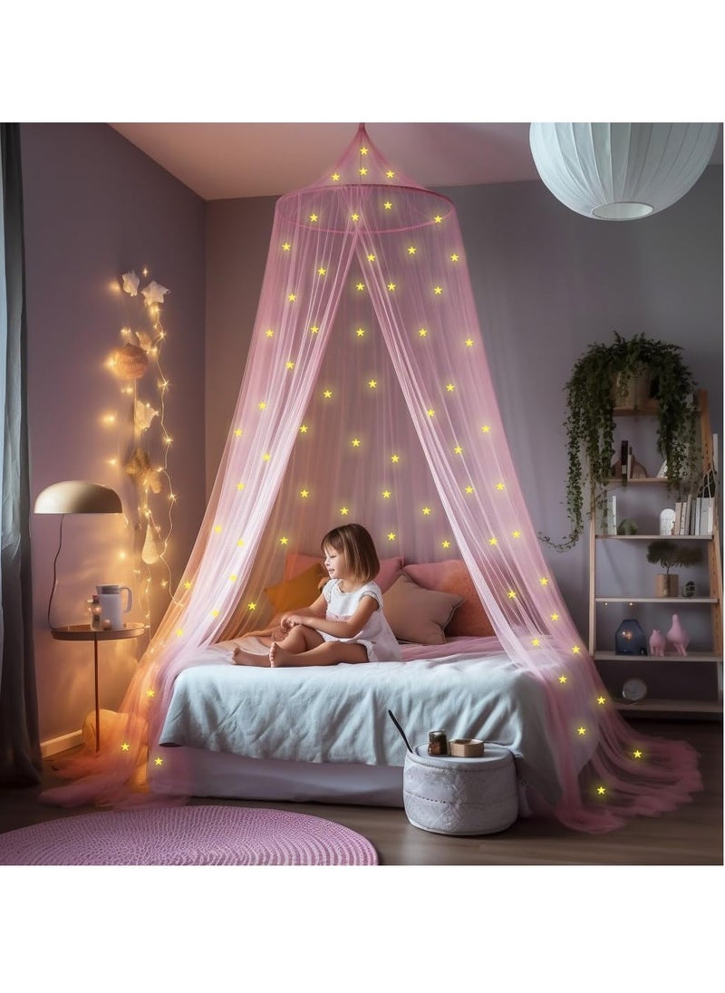 Pink Canopy for Girls Bed with Pre-Glued Glow in The Dark Stars - Princess Mosquito Net Room Decor - Kids & Baby Bedroom Tent with Galaxy Lights - 1 Opening Canopy Bed & Hanging Kit Included