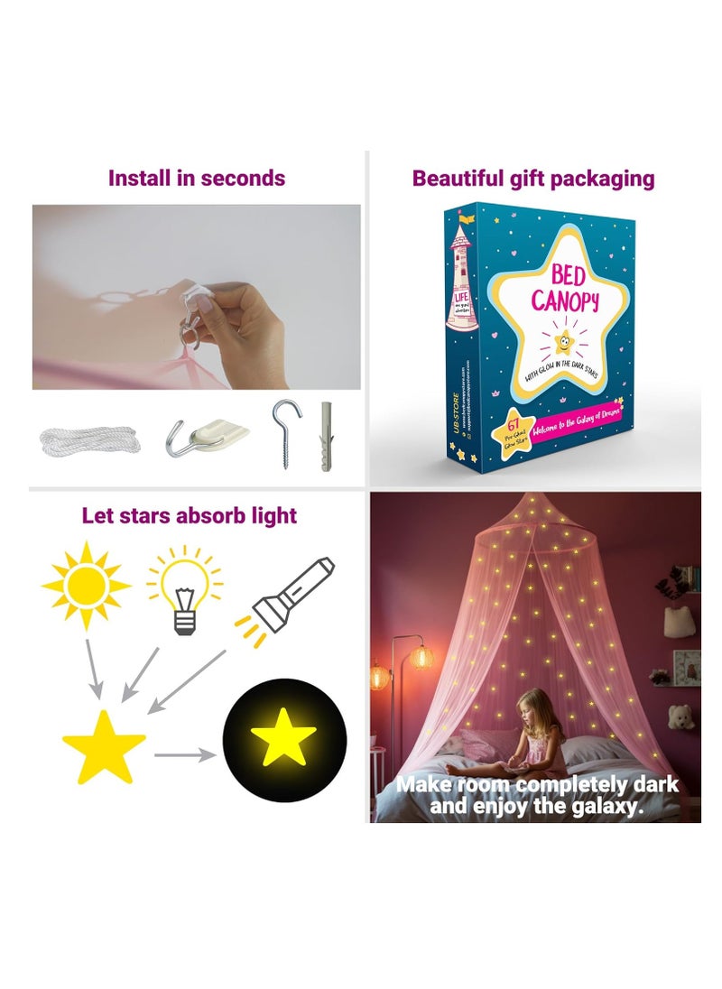 Pink Canopy for Girls Bed with Pre-Glued Glow in The Dark Stars - Princess Mosquito Net Room Decor - Kids & Baby Bedroom Tent with Galaxy Lights - 1 Opening Canopy Bed & Hanging Kit Included