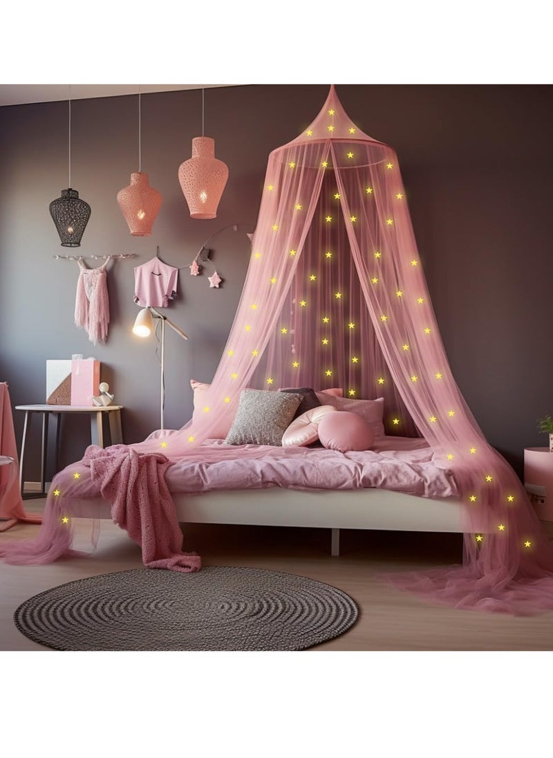 Pink Canopy for Girls Bed with Pre-Glued Glow in The Dark Stars - Princess Mosquito Net Room Decor - Kids & Baby Bedroom Tent with Galaxy Lights - 1 Opening Canopy Bed & Hanging Kit Included