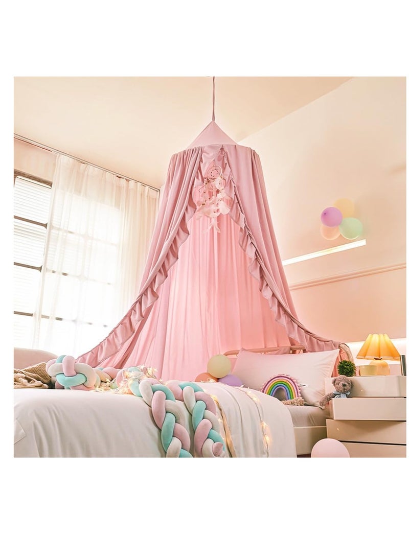 Mengersi Bed Canopy for Girls,Ruffled Canopy Bed Curtains Canopy for Girls Room,Hanging Canopy Princess Play Tent for Reading Nook Play Room Decor (Beige Pink)