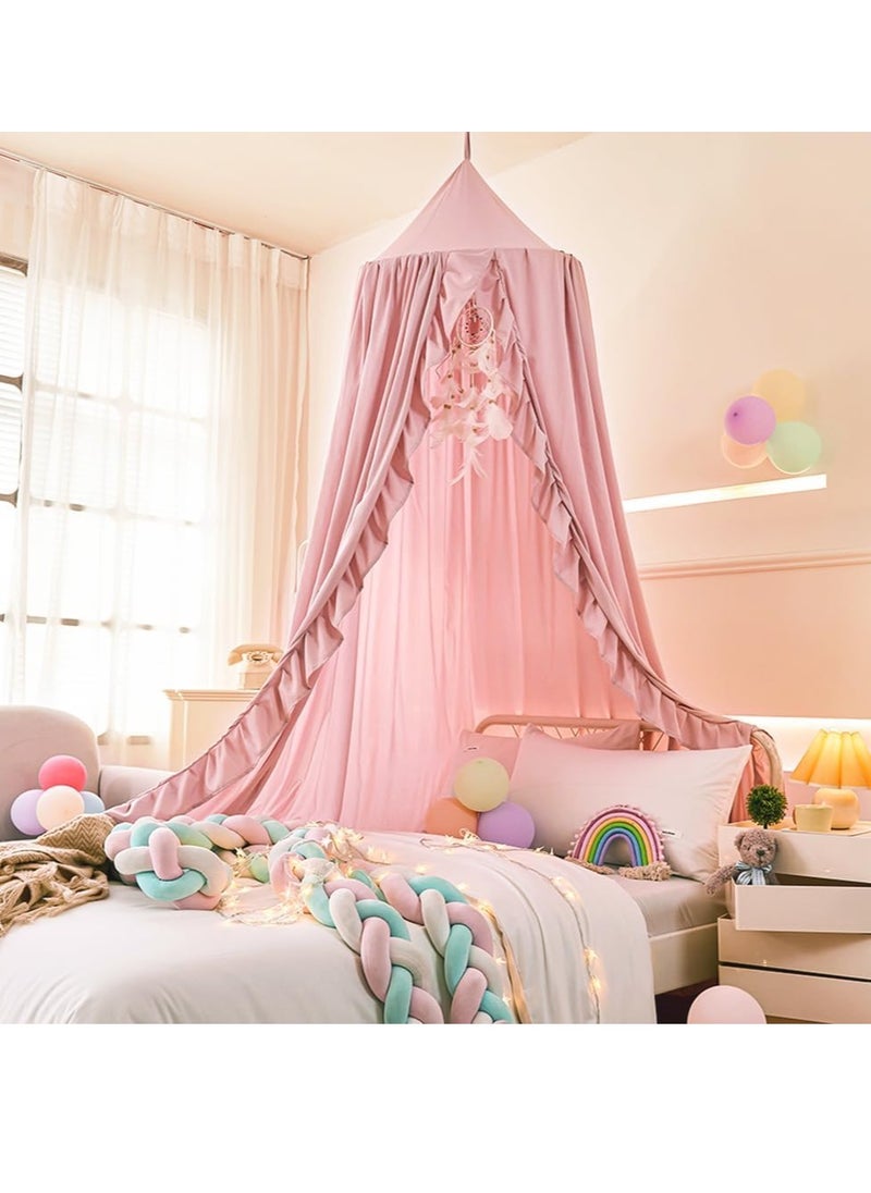 Mengersi Bed Canopy for Girls,Ruffled Canopy Bed Curtains Canopy for Girls Room,Hanging Canopy Princess Play Tent for Reading Nook Play Room Decor (Beige Pink)