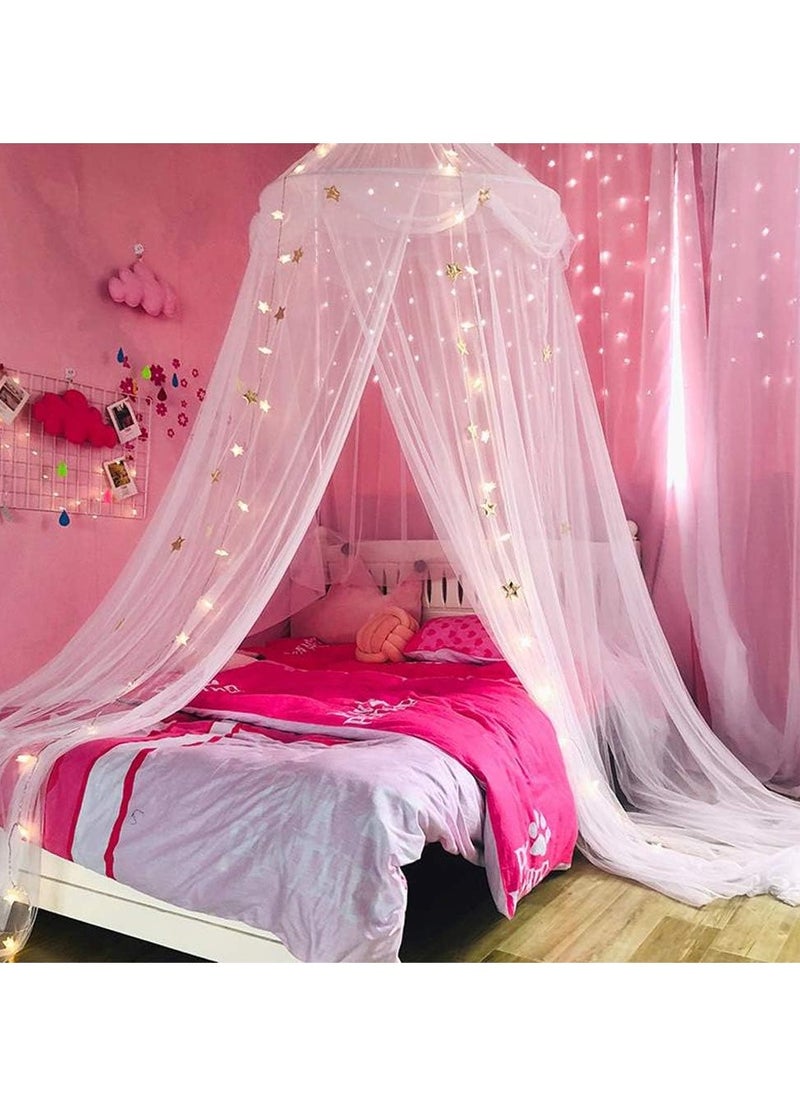 Bed Canopy with Lights for Girls,Gold Star Princess Crib Canopy Curtains,Extra Large Dome Mosquito Net Reading Nook Canopy for Kids Boys Twin Full Queen Size Bed,Fire Retardant Fabric