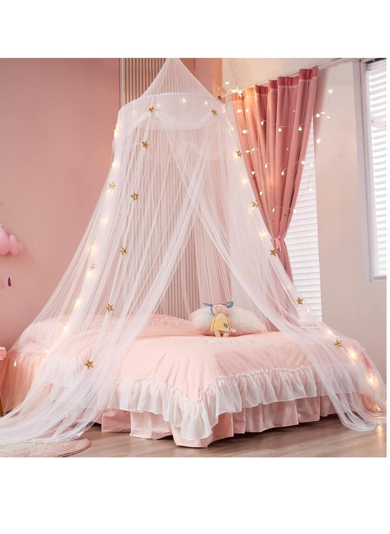 Bed Canopy with Lights for Girls,Gold Star Princess Crib Canopy Curtains,Extra Large Dome Mosquito Net Reading Nook Canopy for Kids Boys Twin Full Queen Size Bed,Fire Retardant Fabric