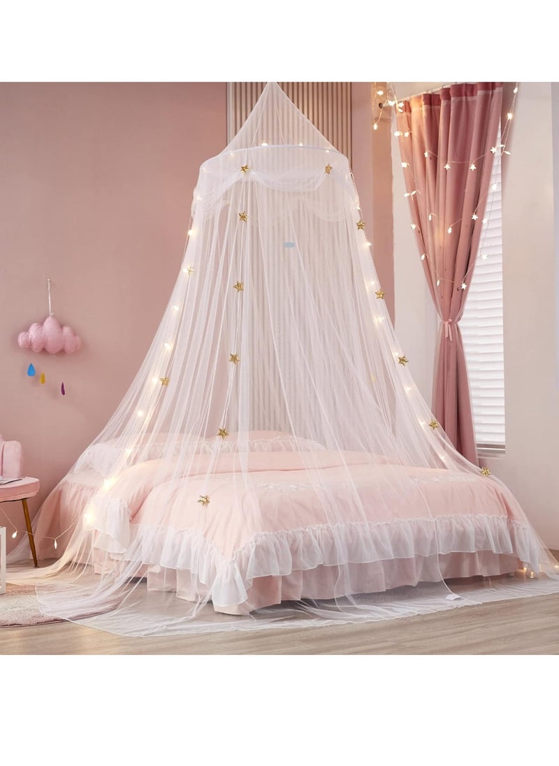 Bed Canopy with Lights for Girls,Gold Star Princess Crib Canopy Curtains,Extra Large Dome Mosquito Net Reading Nook Canopy for Kids Boys Twin Full Queen Size Bed,Fire Retardant Fabric