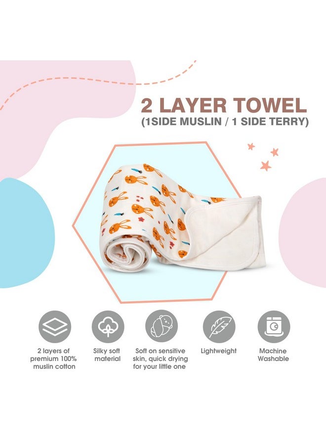 Mee Mee Supremely Absorbent 100% Cotton 2 Layer Premium Soft Baby Towel for New Born | 2 Layers of Muslin & Terry | Washcloth for Kids/Toddlers/Infants/Babies | Pack of 1- Bunny Rabbit Print 75X100 CM