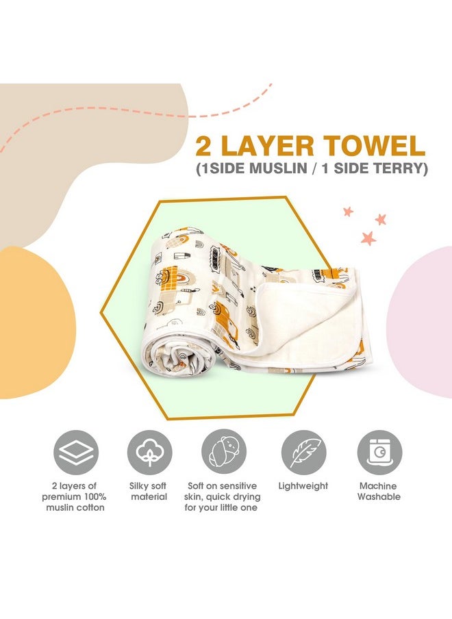 Mee Mee Supremely Absorbent 100% Cotton 2 Layer Premium Soft Baby Towel for New Born | 2 Layers of Muslin & Terry | Washcloth for Kids/Toddlers/Infants/Babies | Pack of 1- Transport Print 75X100 CM