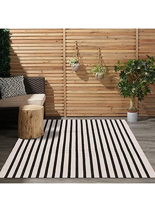 LEEVAN Black and White Striped Area Rug 3x5 ft Outdoor Patio Rugs Woven Washable Farmhouse Floor Carpet Front Porch Doormat for Bedroom/Courtyard/Laundry Room/Living Room