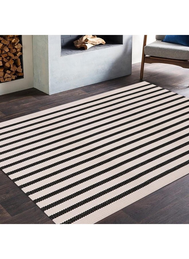 LEEVAN Black and White Striped Area Rug 3x5 ft Outdoor Patio Rugs Woven Washable Farmhouse Floor Carpet Front Porch Doormat for Bedroom/Courtyard/Laundry Room/Living Room