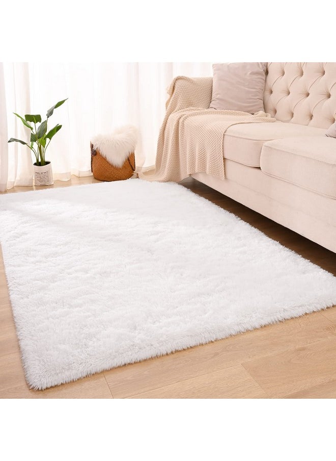 Maxsoft M Fluffy Shag Bedroom Rug, 4x6 Feet White Area Rugs for Living Room Nursery Bedside, Fuzzy Plush Dorm Rug for Girls Kids, Furry Carpet for Indoor Modern Soft Home Decor