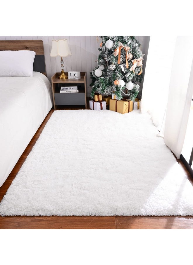 Maxsoft M Fluffy Shag Bedroom Rug, 4x6 Feet White Area Rugs for Living Room Nursery Bedside, Fuzzy Plush Dorm Rug for Girls Kids, Furry Carpet for Indoor Modern Soft Home Decor