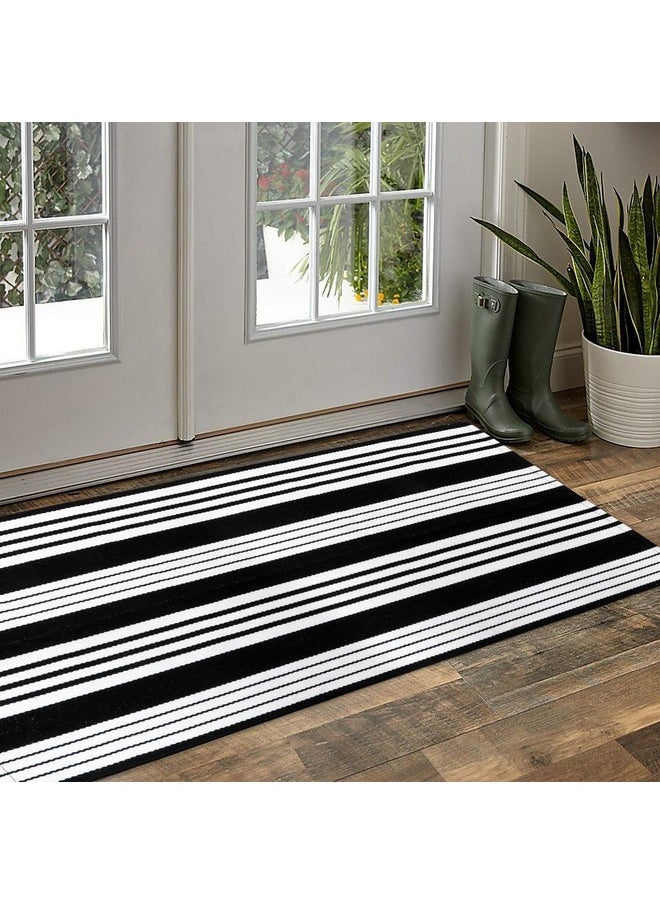 OJIA Cotton Black and White Striped Rug 2x4 Hand-Woven Indoor/Outdoor Area Rug Layered Door Mats for Front Porch/Entryway/Laundry Room/Bedroom/Outdoor