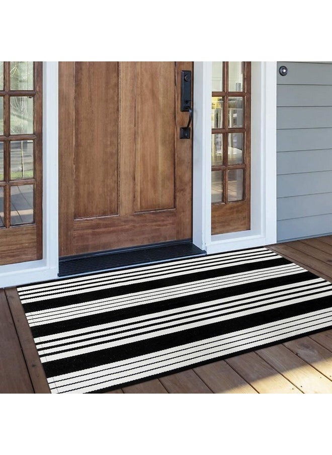 OJIA Cotton Black and White Striped Rug 2x4 Hand-Woven Indoor/Outdoor Area Rug Layered Door Mats for Front Porch/Entryway/Laundry Room/Bedroom/Outdoor