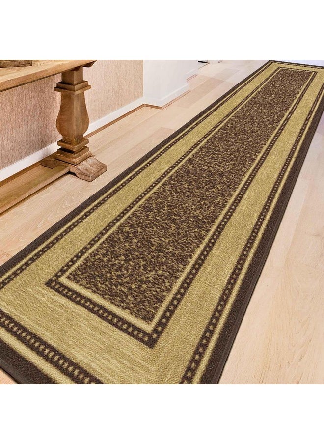 Machine Washable Bordered Design Non-Slip Rubberback 3x10 Traditional Runner Rug for Hallway, Kitchen, Bedroom, Living Room, 2'7