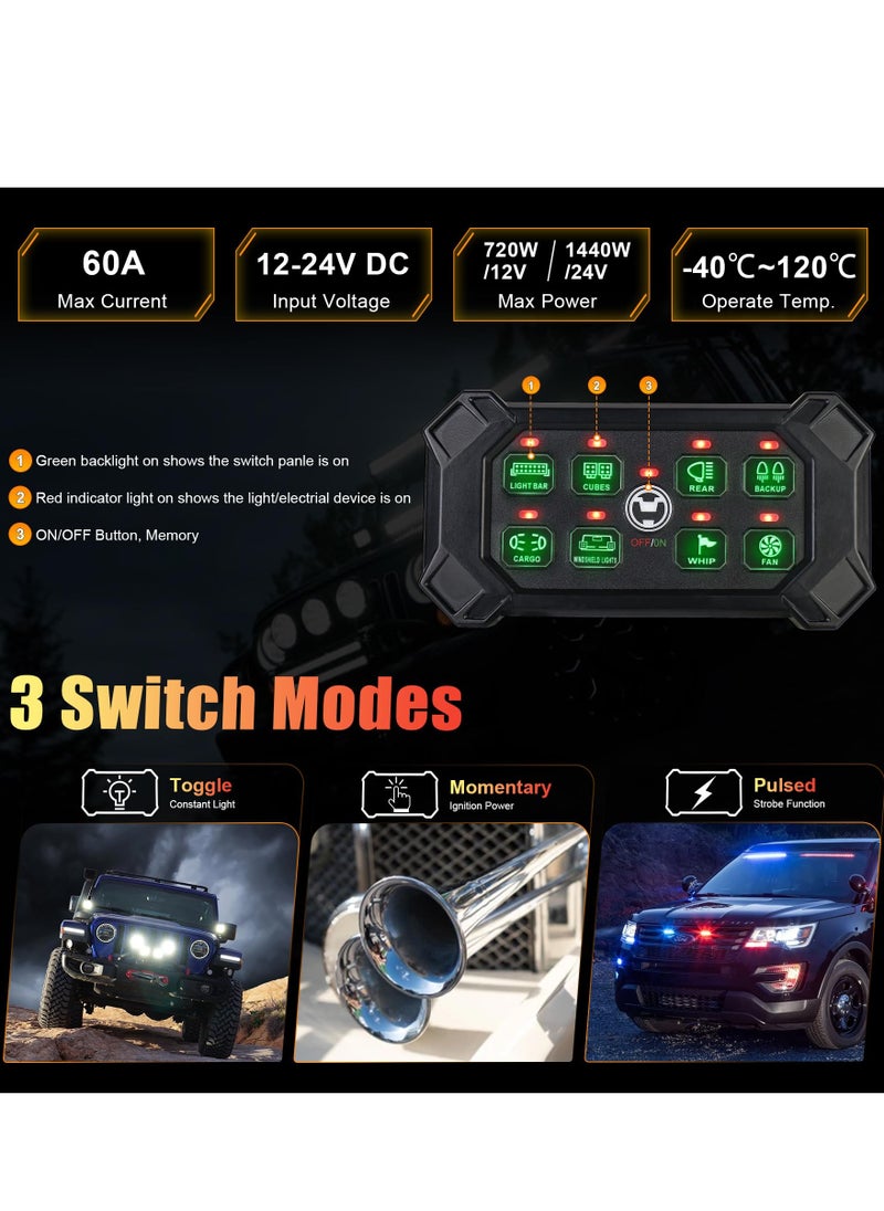 Wireless 8 Gang Switch Panel, Remote Control Switch Pod with Toggle Momentary Pulsed Waterproof Universal Circuit Control Relay System Box for Off Road Truck Jeep Boat SUV UTV ATV Camper