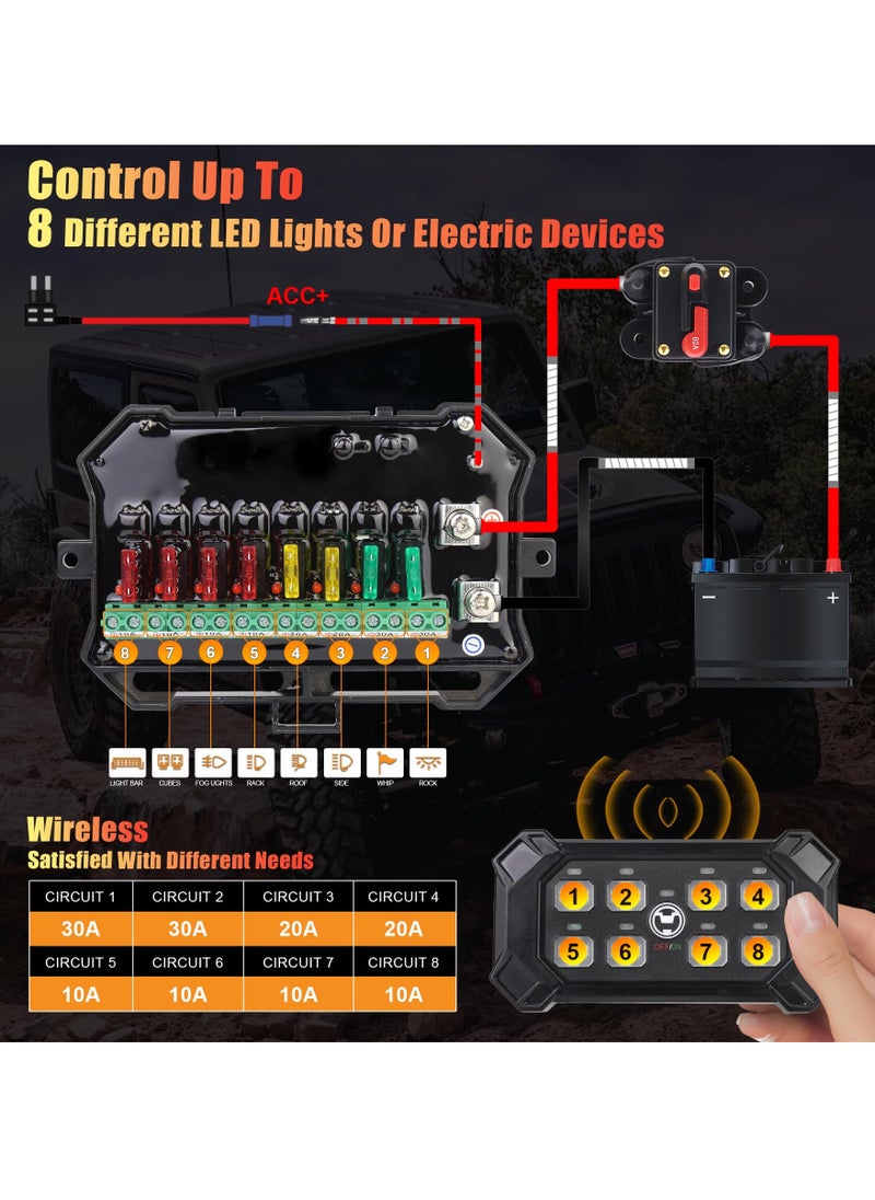 Wireless 8 Gang Switch Panel, Remote Control Switch Pod with Toggle Momentary Pulsed Waterproof Universal Circuit Control Relay System Box for Off Road Truck Jeep Boat SUV UTV ATV Camper