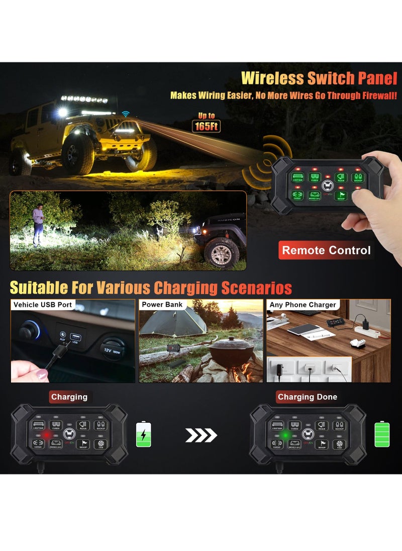 Wireless 8 Gang Switch Panel, Remote Control Switch Pod with Toggle Momentary Pulsed Waterproof Universal Circuit Control Relay System Box for Off Road Truck Jeep Boat SUV UTV ATV Camper