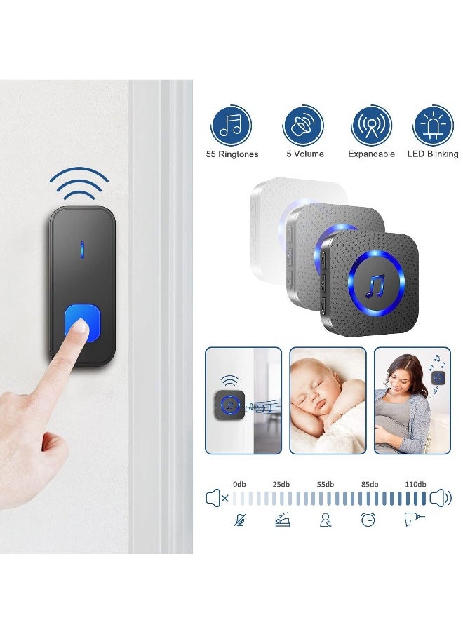 Doorbell Easy Install Waterproof Wireless Door Bell, Over 1300 feet Range and 55 Chime, 5 Levels Volume and LED Flash, for Home Office Classroom