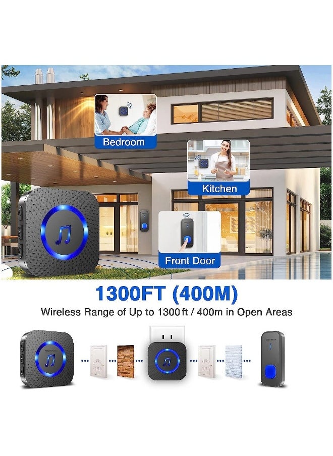 Doorbell Easy Install Waterproof Wireless Door Bell, Over 1300 feet Range and 55 Chime, 5 Levels Volume and LED Flash, for Home Office Classroom