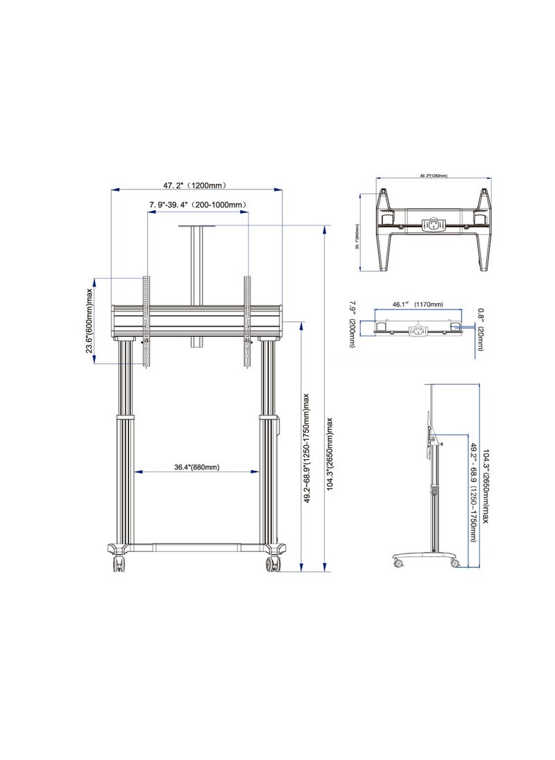 BEETEC Motorized Height-Adjustable Heavy-Duty Mobile TV Cart, Supports 75