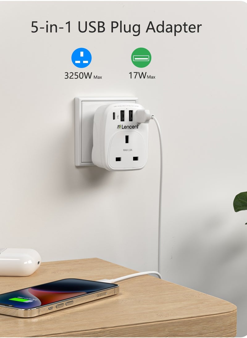 LENCENT USB Plug Charger UK with 1 Type C and 3 USB Ports, 1 Way Socket Extension, 5-in-1 USB Outlet Plug Extender for Household Appliances, iPhone, Smartphone Tablets, Ideal for Home Office Bedroom