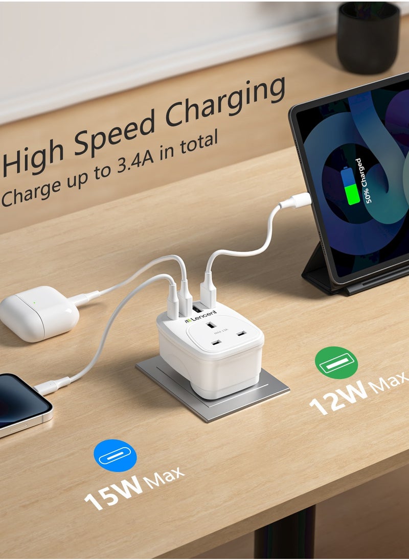 LENCENT USB Plug Charger UK with 1 Type C and 3 USB Ports, 1 Way Socket Extension, 5-in-1 USB Outlet Plug Extender for Household Appliances, iPhone, Smartphone Tablets, Ideal for Home Office Bedroom