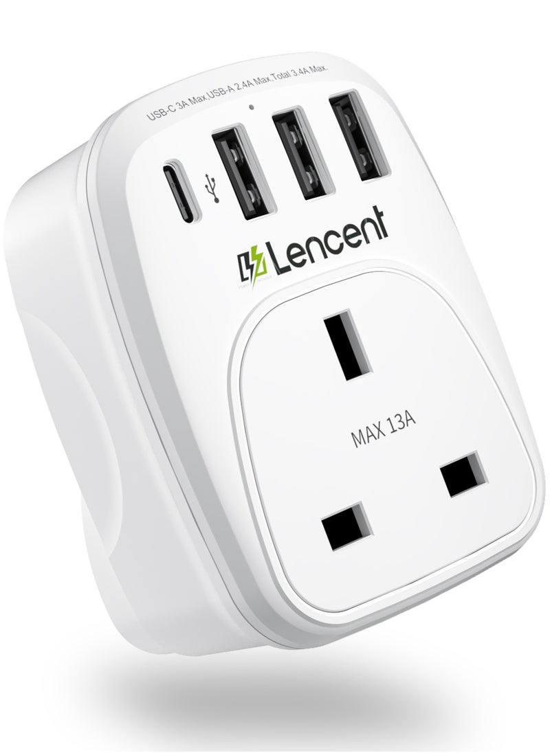 LENCENT USB Plug Charger UK with 1 Type C and 3 USB Ports, 1 Way Socket Extension, 5-in-1 USB Outlet Plug Extender for Household Appliances, iPhone, Smartphone Tablets, Ideal for Home Office Bedroom