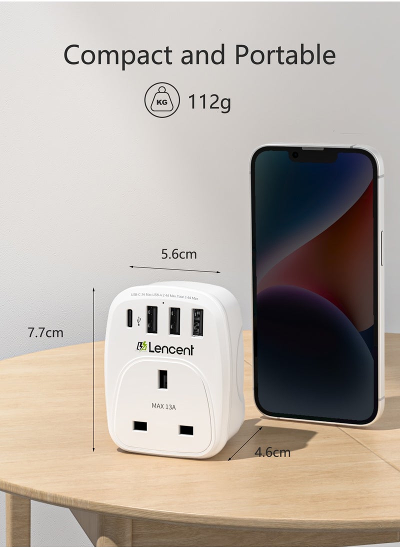 LENCENT USB Plug Charger UK with 1 Type C and 3 USB Ports, 1 Way Socket Extension, 5-in-1 USB Outlet Plug Extender for Household Appliances, iPhone, Smartphone Tablets, Ideal for Home Office Bedroom