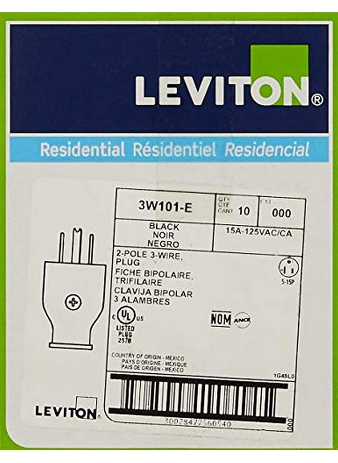 Leviton 3W101-E 2-Pole 3-Wire Grounding Plug, 10 Pack, Blackblack