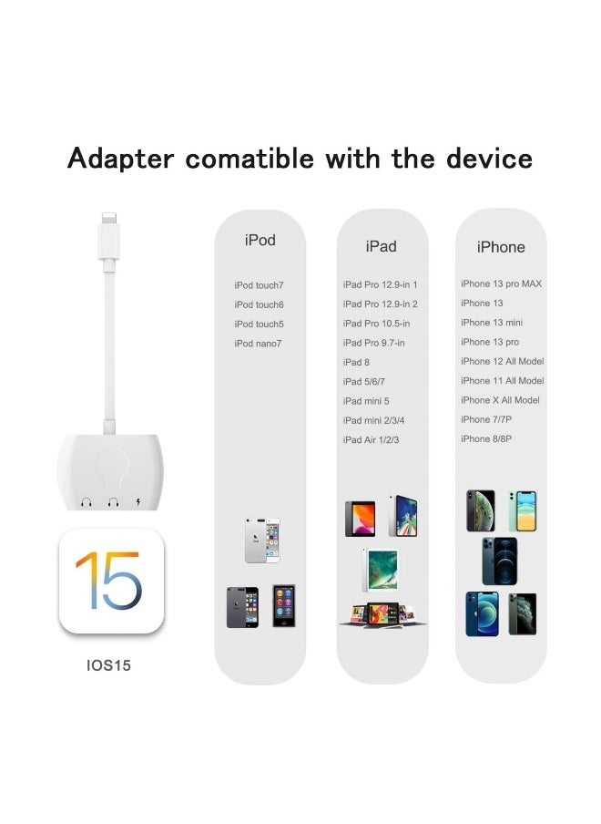 Dual Lightning Splitter for iPhone, Headphone Jack Audio Adapter & Splitter & Cable, for iPhone 13/12/SE/11/Xs/XR/X/8 7, Support iOS 15 (White)