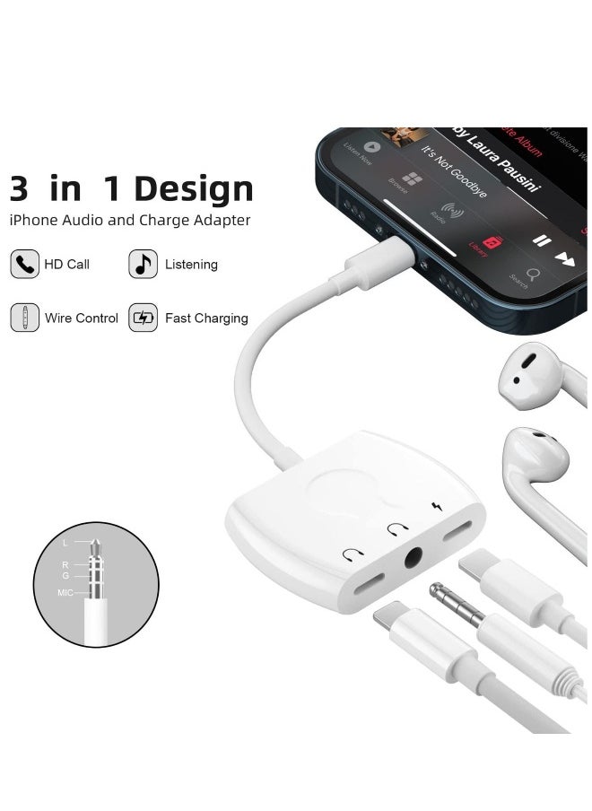 Dual Lightning Splitter for iPhone, Headphone Jack Audio Adapter & Splitter & Cable, for iPhone 13/12/SE/11/Xs/XR/X/8 7, Support iOS 15 (White)