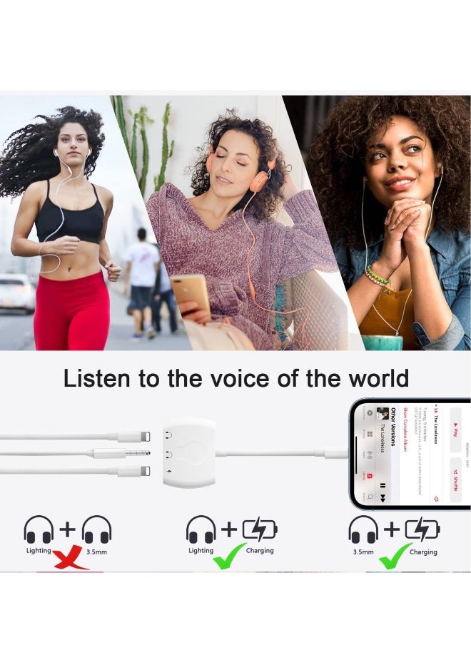 Dual Lightning Splitter for iPhone, Headphone Jack Audio Adapter & Splitter & Cable, for iPhone 13/12/SE/11/Xs/XR/X/8 7, Support iOS 15 (White)