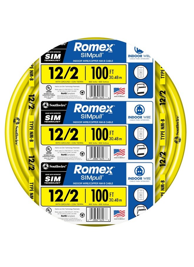 Southwire Romex Brand Simpull Solid Indoor 12/2 W/G NMB Cable 100ft coil - SW# 28828228