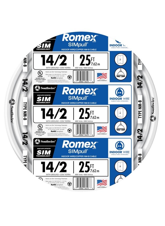 Southwire Romex Brand Simpull Solid Indoor 14/2 W/G NMB Cable 25ft coil - SW# 28827421