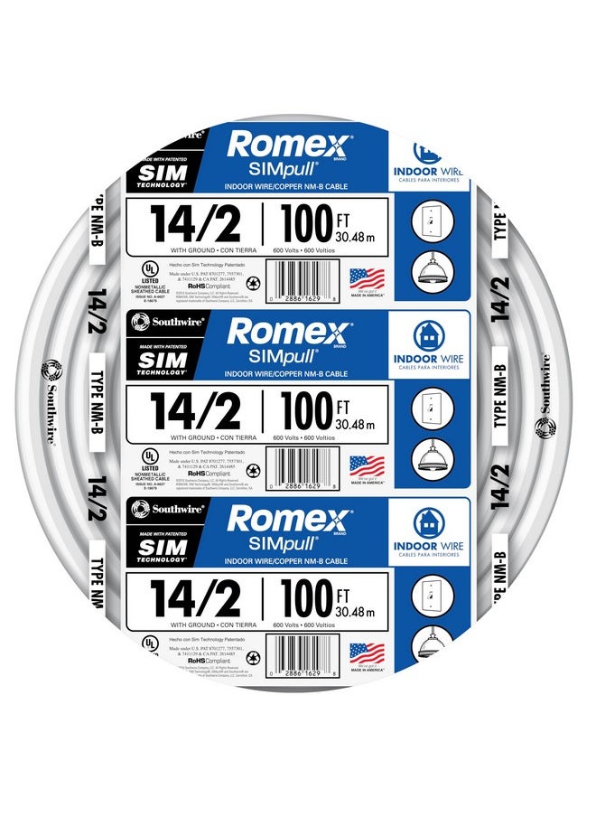 Southwire Romex Brand Simpull Solid Indoor 14/2 W/G NMB Cable 100ft Coil - SW# 28827423