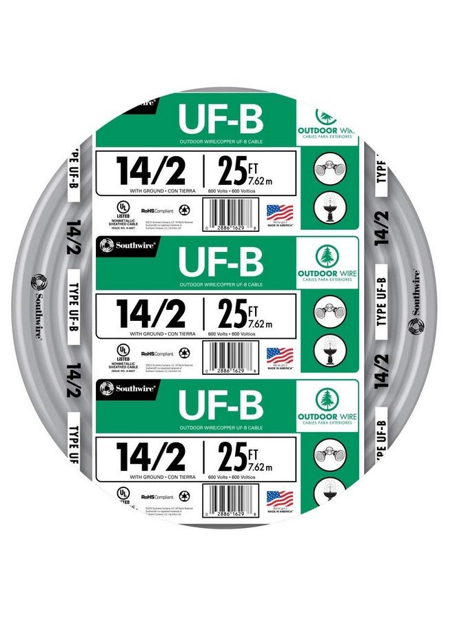 Woods Southwire 13054221 25ft 14/2 AWG Solid UF-B Type Underground Feeder and Branch Circuit Cable with Ground Wire, Gray