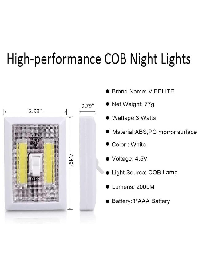 Led Night Light Switch, 12 Total Batteries Included, 200 Lumen Wireless Cob Led Switch Light, Perfect For Under Cabinet, Shelf, Closet, Garage, Kitchen, Stairwell, Battery Operated, 4 Pack