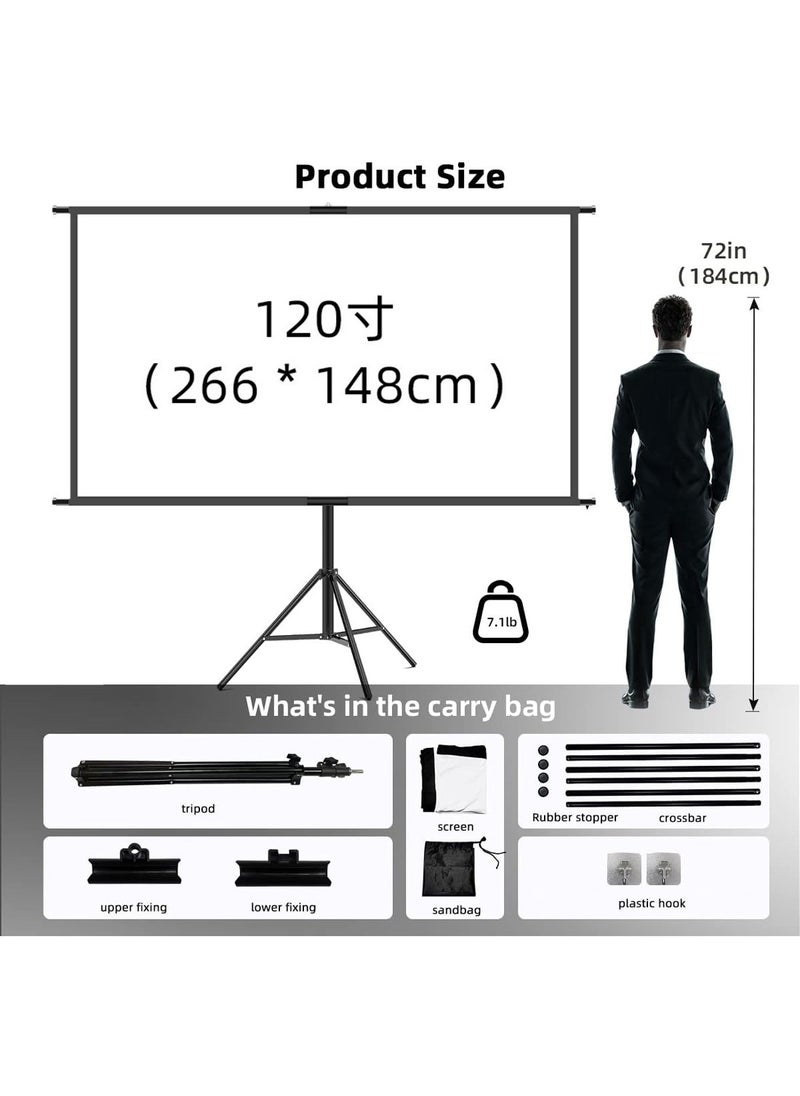 Updated Projector Screen with Stand 120 inch Indoor Outdoor Projector Screen 16:9 4K HD Projector Screen for Outdoor and Indoor Wall Hanging 2 IN 1 with Carry Bag Ground Nails