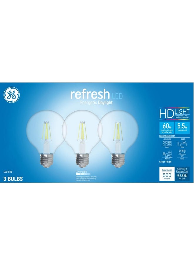 GE Refresh LED Light Bulbs, 60 Watt, Daylight, G25 Globe Bulbs, Clear, Medium Base 3 Count, (1 Pack)