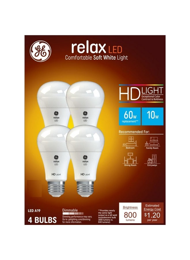 GE Relax LED Light Bulbs, 60 Watt, Soft White, A19 Bulbs, Great Christmas Gifts for Men, Holiday Gift for Women, Perfect Dad Gifts (4 Pack)