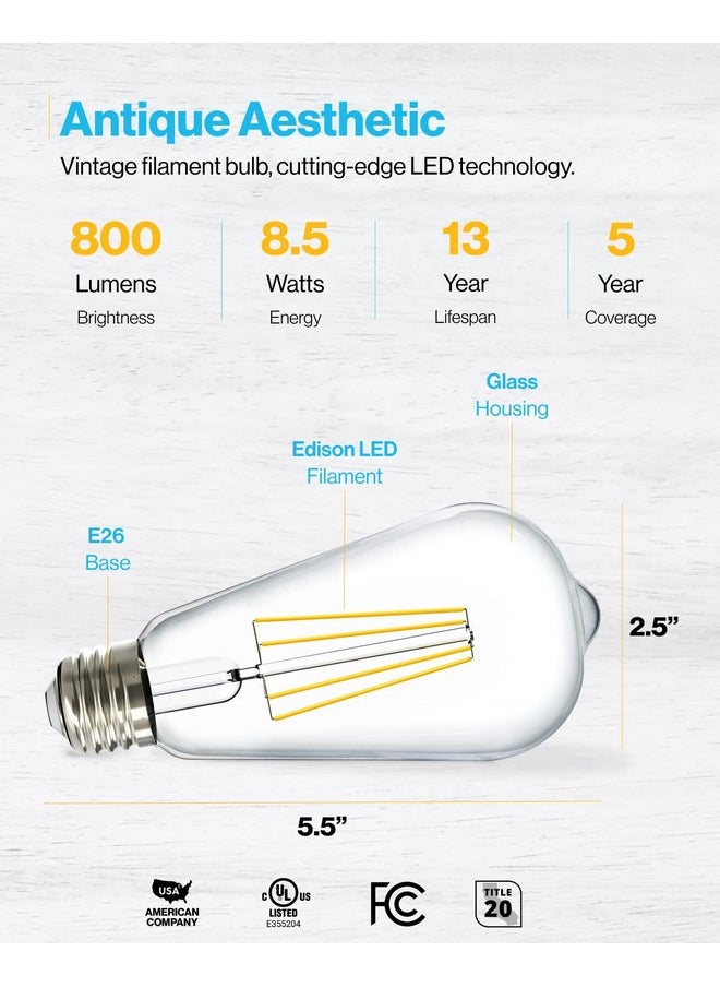 Sunco 16 Pack 60W Vintage LED Edison Bulbs Equivalent 8.5W CRI92 800 Lumens, Dimmable ST64 Filament 4000K Cool White E26 Medium Base Light Bulbs High Brightness Clear Glass Waterproof - UL