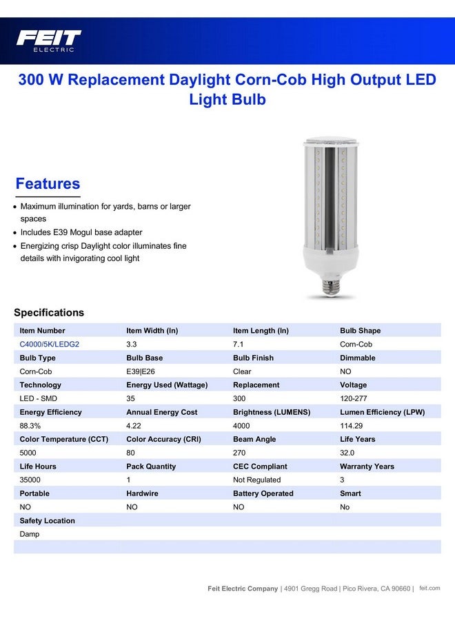 Feit Electric C4000/5K/LEDG2 300W Equivalent Mini Corn Bulb, Corn Cob High Output LED Light Bulb, E26 Base, 5000K Daylight, 3” x 3” x 7”