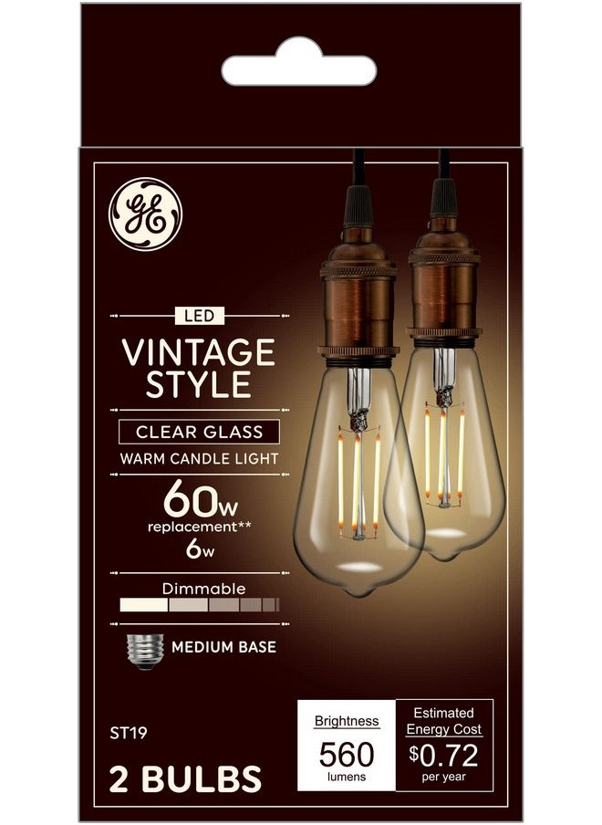 GE Vintage Style LED Light Bulbs, 60 Watt, Clear Finish, ST19 Edison Style Bulbs (2 Pack)