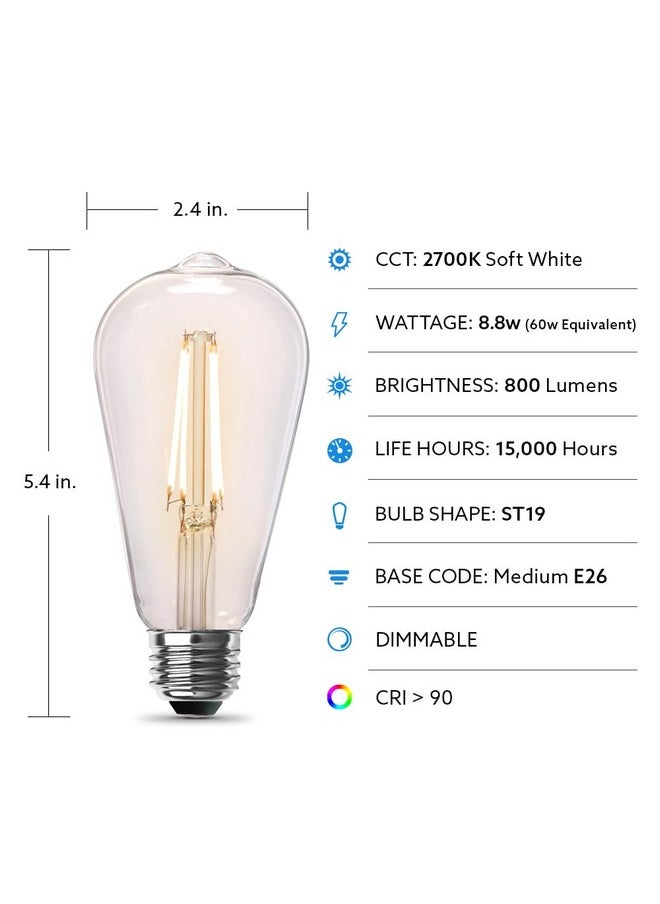 Feit Electric ST19 Vintage Edison LED Light Bulb, 60W Equivalent, Dimmable, 2700K Soft White, 800 Lumens, E26 Base, Retro Filament Light Bulbs, 15,000-Hour Lifetime, ST1960/CL/927CA/2, 2 Pack