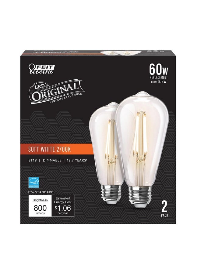 Feit Electric ST19 Vintage Edison LED Light Bulb, 60W Equivalent, Dimmable, 2700K Soft White, 800 Lumens, E26 Base, Retro Filament Light Bulbs, 15,000-Hour Lifetime, ST1960/CL/927CA/2, 2 Pack