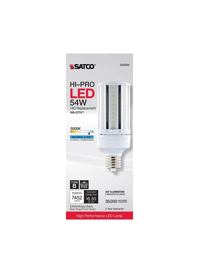 Satco S49394 Hi-Pro High Lumen LED Corncob Light Bulb, HID Replacement, 54 Watts, White