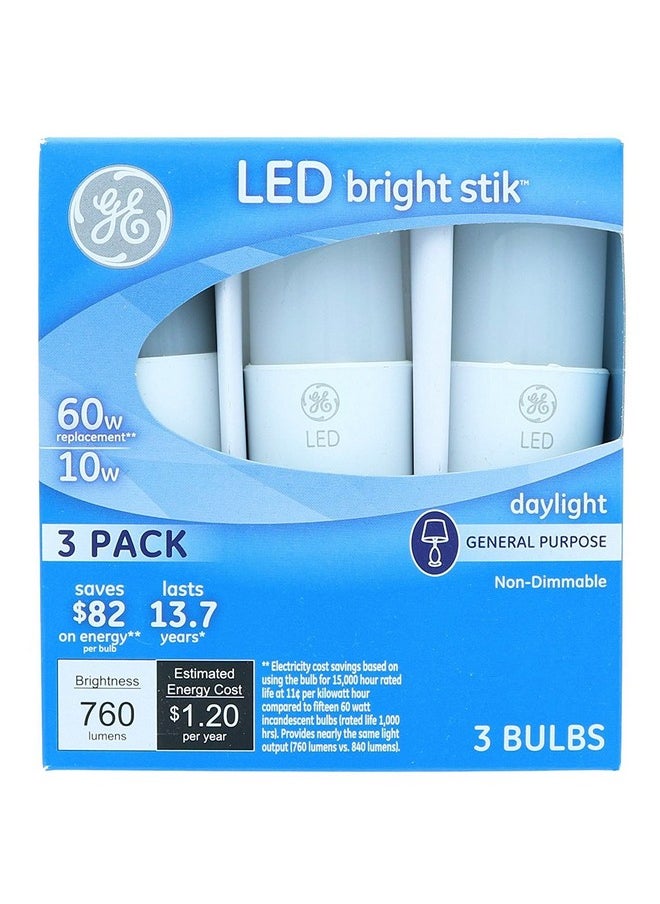 GE Lighting 79369 LED Bright Stik 10-watt (60-Watt Replacement), 760-Lumen Light Bulb with Medium Base, Daylight, 1 Box (3 Bulbs Total)