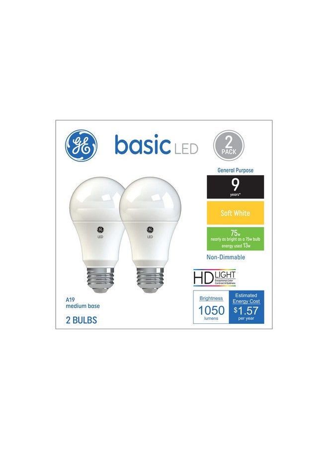 GE Basic LED Light Bulbs, 75 Watt, Soft White, A19 (2 Pack)