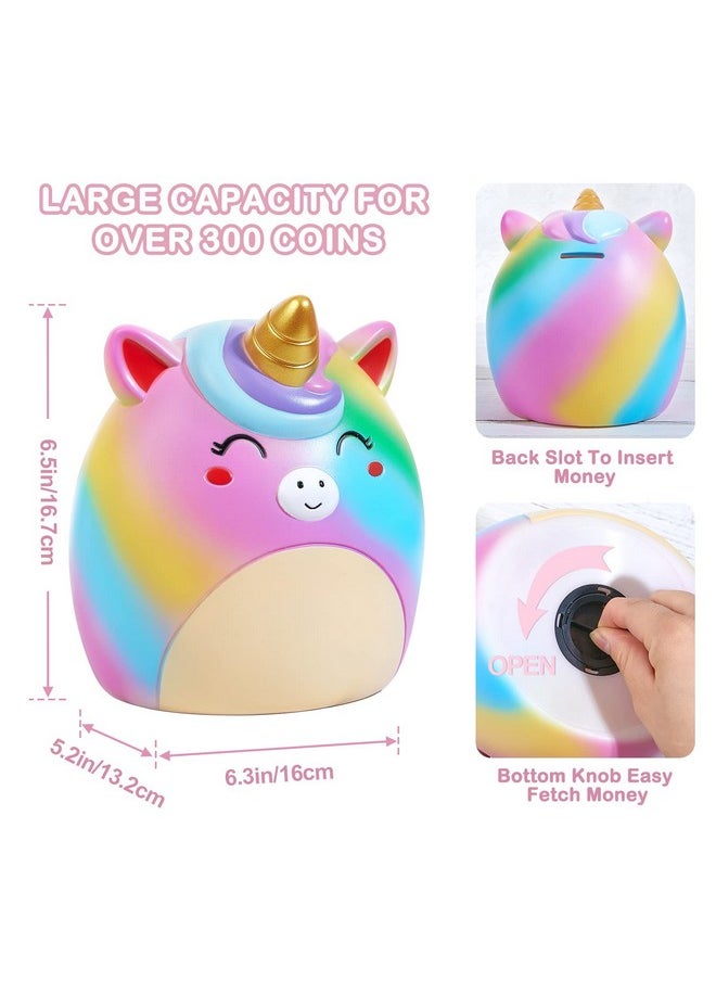 Piggy Bank Girls Unicorn Piggy Banks Cute Unbreakable Resin Coin Money Bank with Stickers Bracelet Set for Kids Toddlers, Rainbow