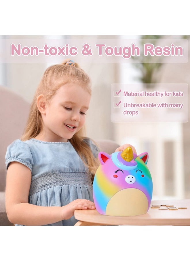 Piggy Bank Girls Unicorn Piggy Banks Cute Unbreakable Resin Coin Money Bank with Stickers Bracelet Set for Kids Toddlers, Rainbow